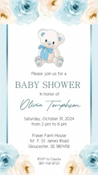 White Joyful Blue Teddy Bear Baby Shower Invitation Whatsapp Status template