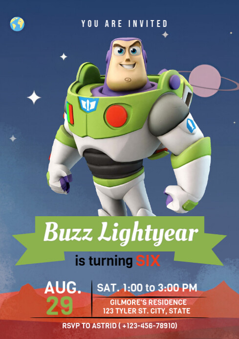 White Joyful Buzz Lightyear Birthday Template A4 | PosterMyWall