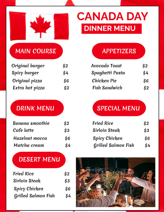 Canada Menu Plantilla de White Joyful Canada Day Menu Flyer | PosterMyWall