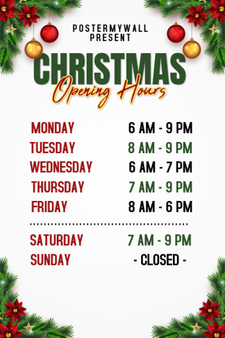 Operating Hour Poster White Joyful Christmas Opening Hours Poster Template | PosterMyWall