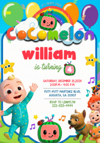 White Joyful Cocomelon Birthday Party A5 template