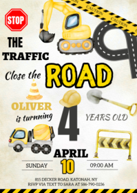 White Kids Construction Birthday Invitation A6 Template
