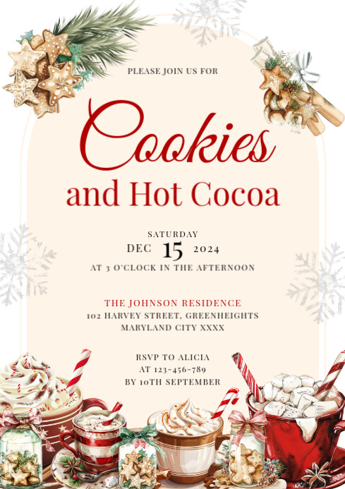 White Joyful Cookies And Hot Cocoa Invitation A4 template