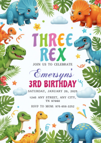 White Joyful Dinosaur Birthday Invitation A4 template