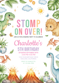 White Joyful Dinosaur Birthday Invitation A5 template