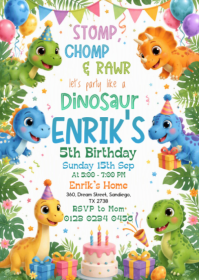 White Dinosaur Birthday Party A6 Template