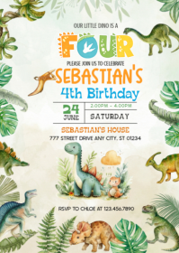 White Joyful Dinosaur Birthday Party A6 template