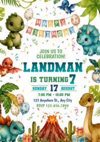 White Dinosaur Themed Birthday Party A6 Template