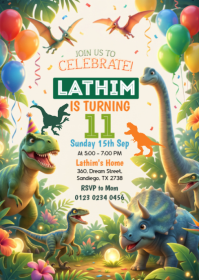 White Dinosaur Themed Birthday Party A6 Template