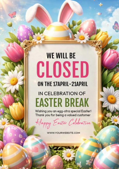 White Joyful Easter Closure Announcement A4 Template | PosterMyWall