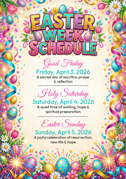 Easter Week Timetable Plantilla de White Joyful Easter Week Schedule A4 | PosterMyWall