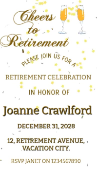 White Joyful Elegant Gold Retirement Party Invitation Template | Cheers To Retirement Celebration Fl Digitalt display (9:16)