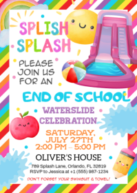 White Joyful End of School Waterslide Celebration, End of School Water Slide Party Invitation A6 template