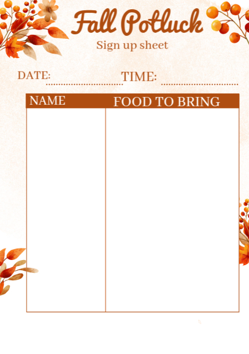 Fall Potluck Sign White Joyful Fall Potluck Sign Up Sheet A4 Template | PosterMyWall