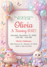 白色 First Birthday Invitation A5 Template