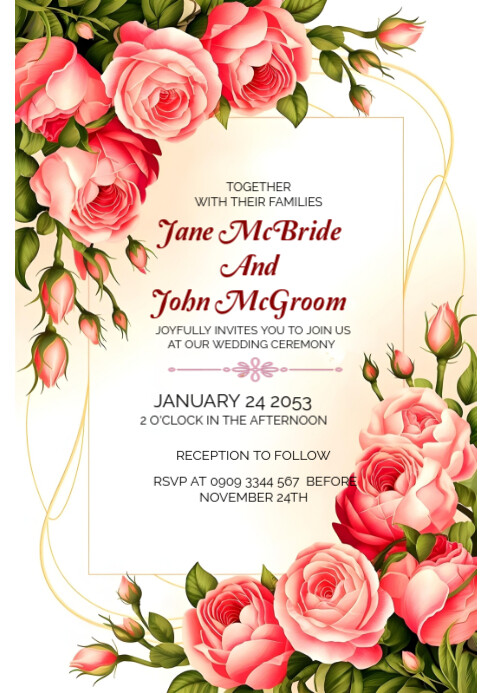 White Joyful Floral Wedding Invitation Card  A6 template