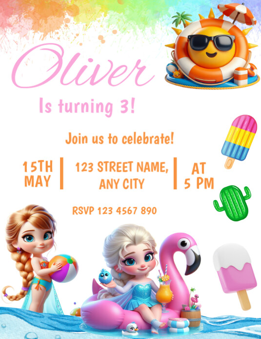 White Joyful Frozen Pool Party Birthday Invitation Flyer (us Letter) template