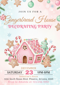 White Joyful Gingerbread House Party Invitation, A2 template
