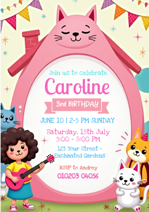 White Joyful Gracie's Corner Birthday Invite A4 template