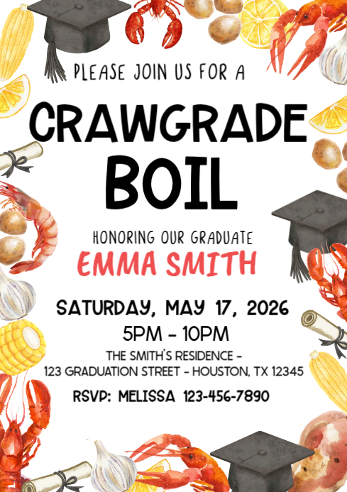 White joyful graduation crawfish boil a4 Template | PosterMyWall