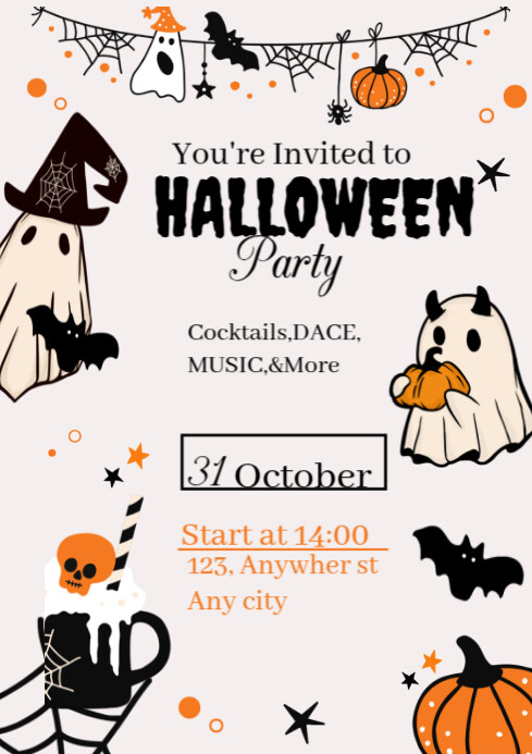 White Joyful Halloween Party A4 dances music and more Template ...