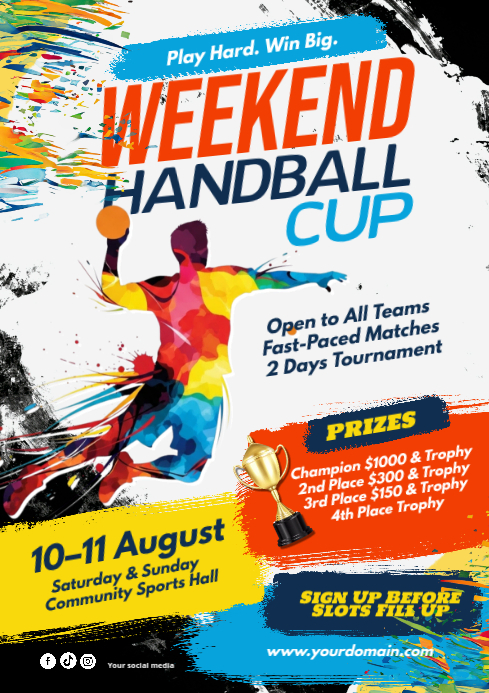 White Joyful Handball Tournament A4 Template | PosterMyWall