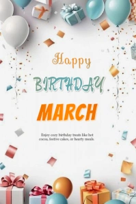 White Joyful Happy Birthday March Poster Affiche template