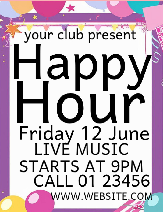 White Joyful Happy Hour Event Flyer Template | PosterMyWall