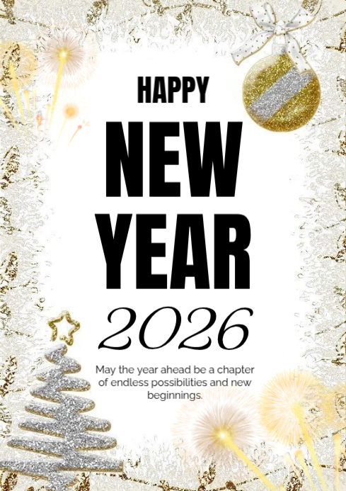 White Joyful Happy New Year Flyer A4 Template | PosterMyWall