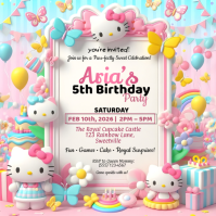 White Joyful Hello Kitty Birthday Invitation Square (1:1) template