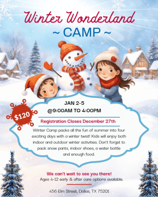 White Joyful Kids Winter Wonderland Camp Registration Flyer Instagram Portrait template