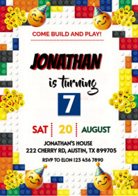White Joyful Lego Birthday Invitation Template  A4