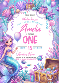 White Mermaid Birthday Party A6 Template