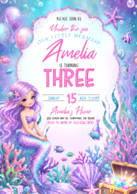 White Mermaid Birthday Party A6 Template
