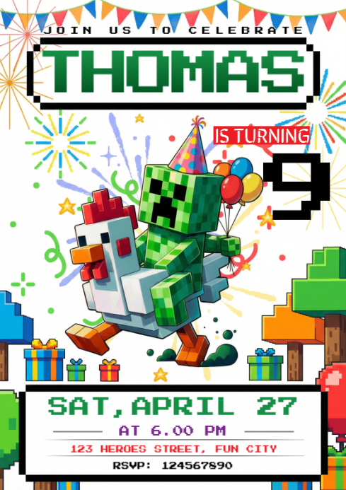 White Joyful Minecraft Birthday Party A4 Template | PosterMyWall
