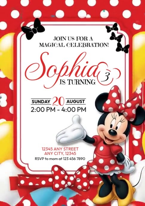 White Joyful  Minnie Mouse Birthday A5 template