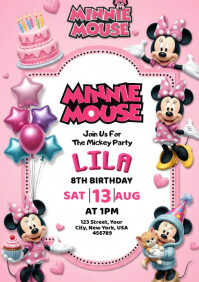 White Joyful Minnie Mouse Birthday Invitation A5 template