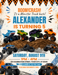White Joyful Monster Truck Birthday Party Flyer template