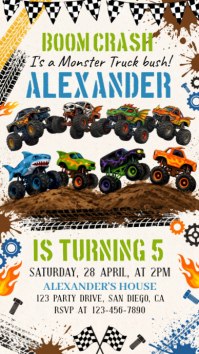White Joyful Monster Truck Birthday Party Instagram Story template