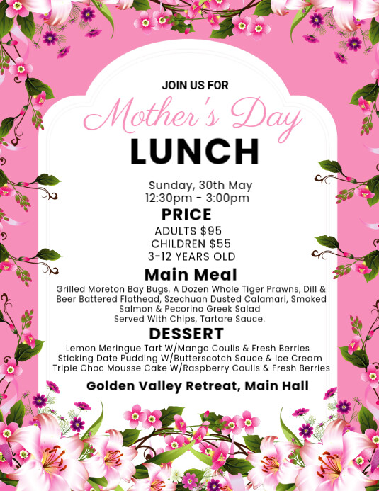 White Joyful Mother's Day Lunch  Flyer (us Letter) Pamflet (VSA Brief) template