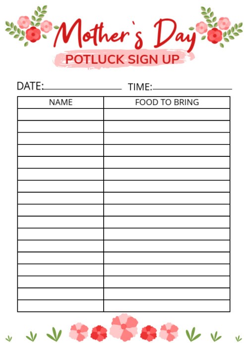 White Joyful Mother's Day Potluck Signup A6 template
