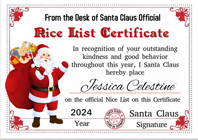White Joyful Nice List Certificate A4 template