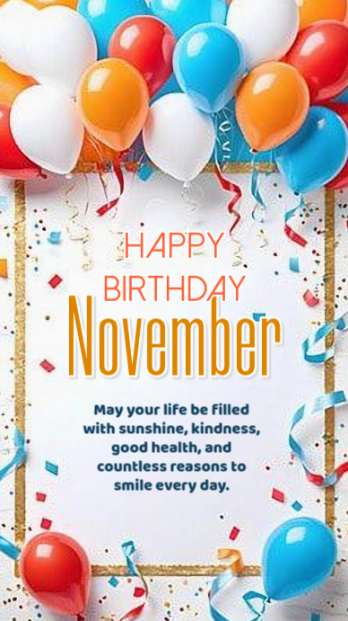 White Joyful November Birthday Celebration Digital Display Template ...