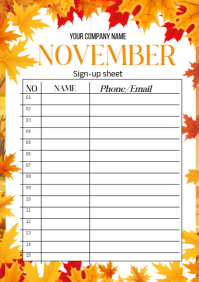 White Joyful November Sign-up Sheet  A4 template