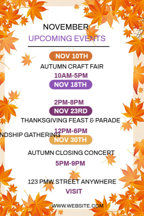 White Joyful November Upcoming Events Flyer Poster Template | PosterMyWall