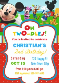 White Joyful Oh Twodles Mickey Mouse Club Invitation A6 template