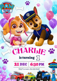 White Joyful Paw Patrol Birthday Invitation A4 template