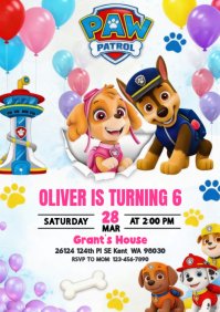 White Joyful Paw Patrol Birthday Party A4 template