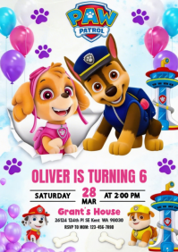 White Joyful Paw Patrol Birthday Party A4 template