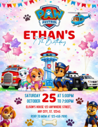 White Joyful Paw Patrol Birthday Party Flyer Volante (Carta US) template